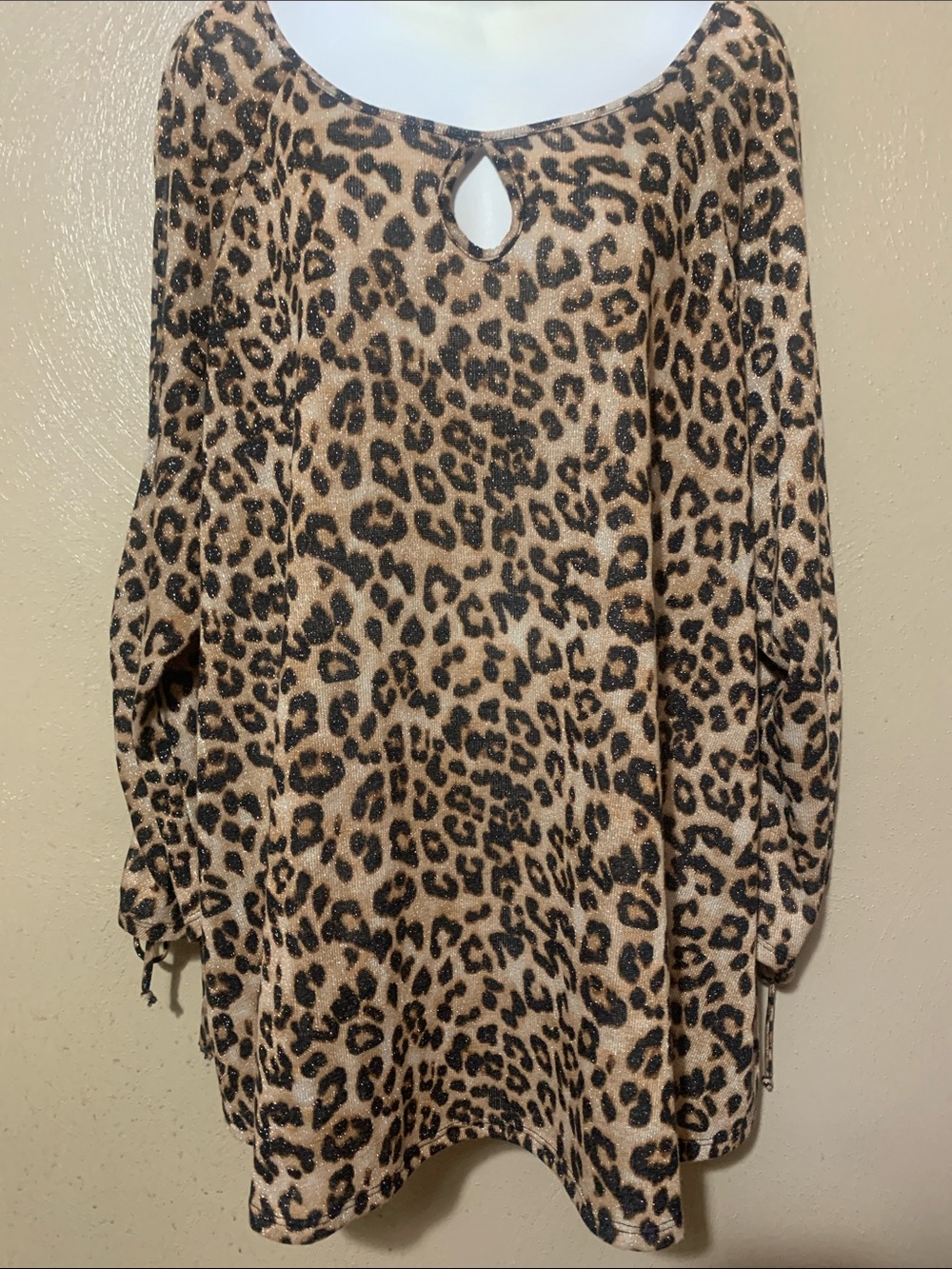 Cato 26/28W Leopard Print Metallic Top - Tan & Black Cold Shoulders